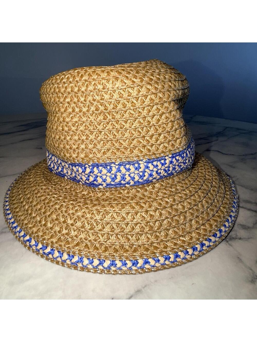 Eric Javits Woven Raffia Straw Hat UPF 50+ Packable Squishee Bucket Beige Blue - Picture 5 of 8